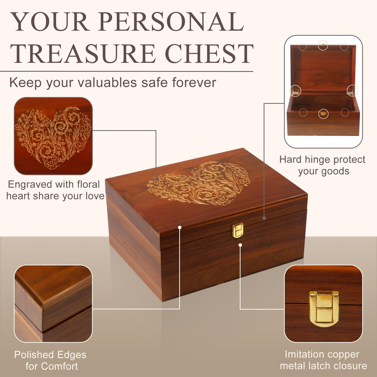 Large Wooden Keepsake Box with Hinged Lid and Photo Frame - Elegant Wedding Memory Box, Ideal for Photos, Letters, Time Capsules, Bride Gift, Decorative Storage，5.5“*8.6”*11.3“