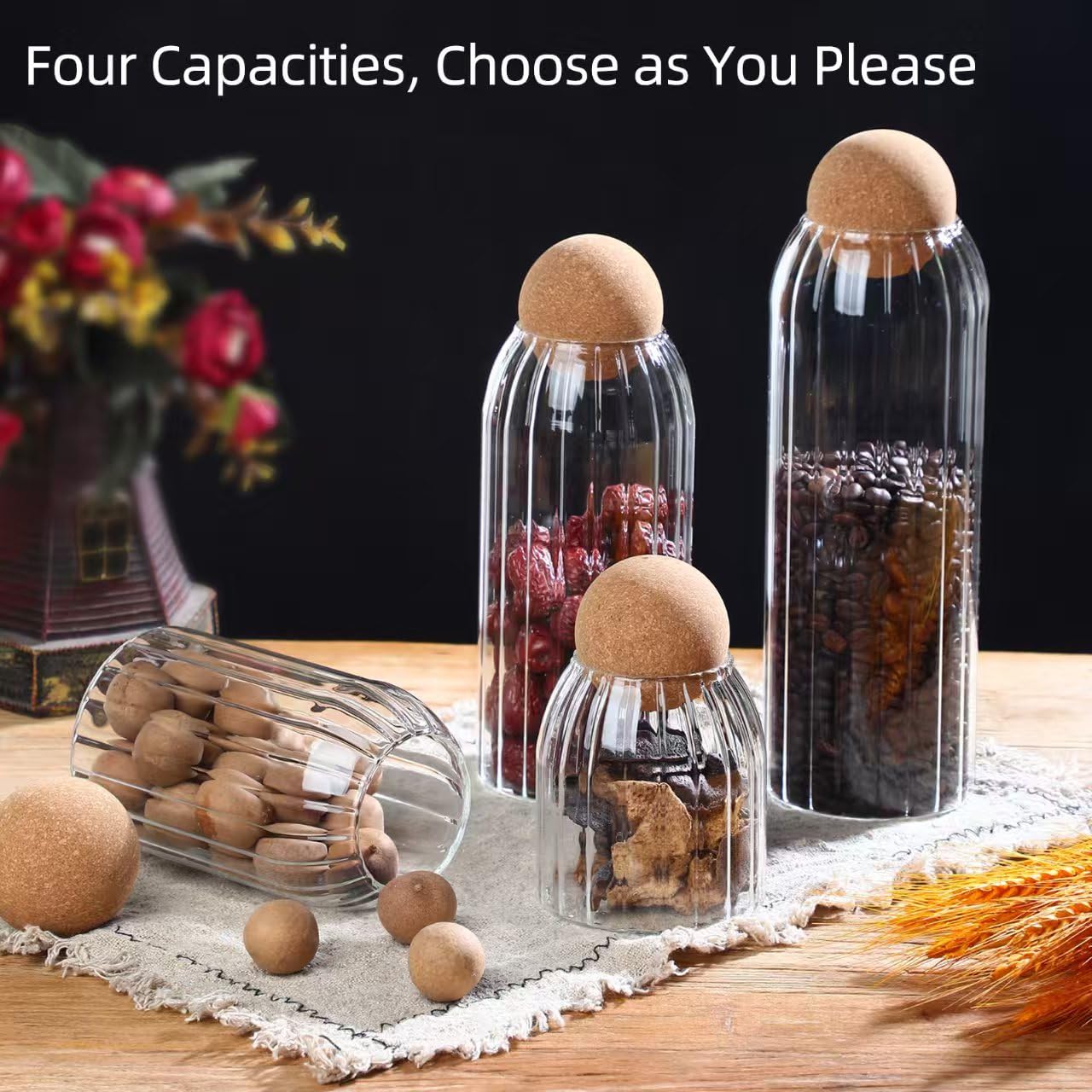 Glass Storage Jar with Ball Cork Lid, Clear Glass Canisters with Cork Ball,4Pcs High Borosilicate Glass Sealed Jar 16oz 26oz 36oz 46oz, Used for Storing Candies, Salt, Tea, Seasonings, Cookies, etc
