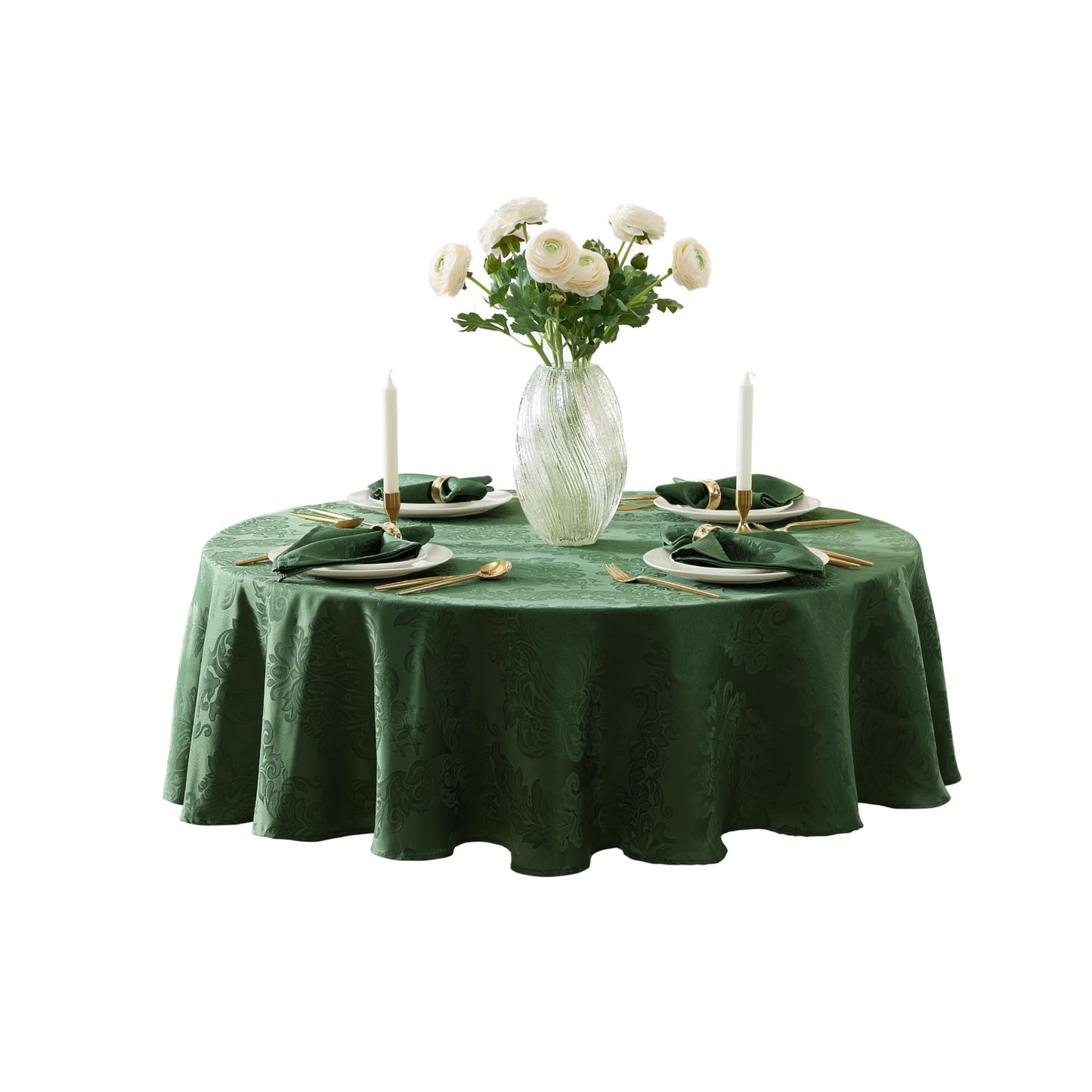 Newbridge Christmas Barcelona Damask Fabric Tablecloth, 70 Inch Round, Hunter Green – No Iron, Soil Resistant Table Cover for Dining, Parties and Holidays