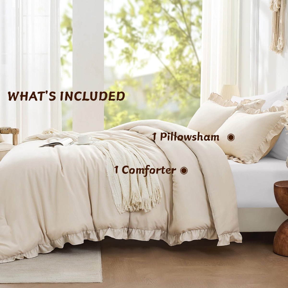 FUANNA Queen Comforter Set Oatmeal, 3 Pieces Ruffle Queen Bed Set, Fluffy Bed in a Bag Queen for All Seasons, Shabby Chic Bedding Comforter Sets with 1 Lightweight Comforter & 2 Pillowshams