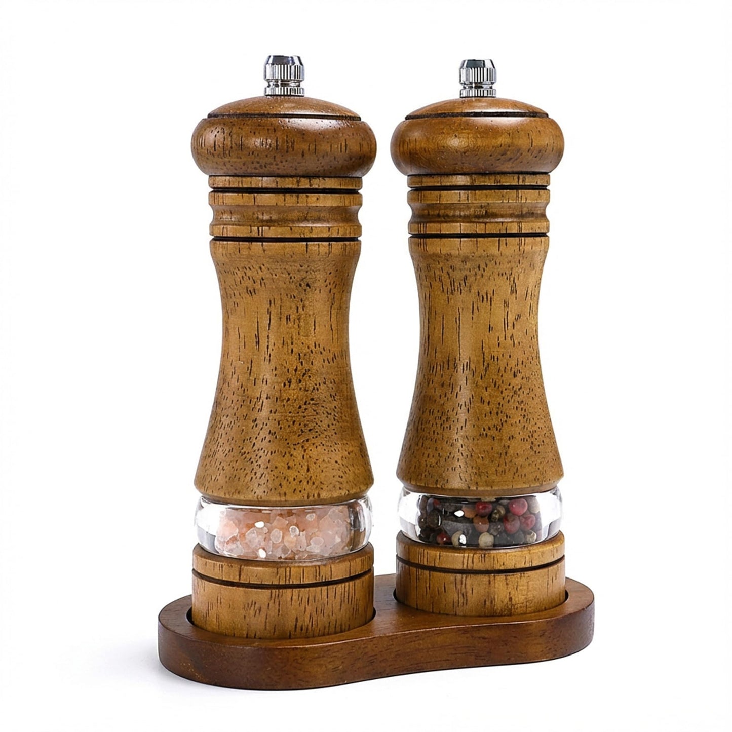M JINGMEI Wooden Salt and Pepper Grinder Set, Premium Oak Wood Salt Grinders Shakers, Pepper Mill with Acrylic Clear Window, Adjustable Ceramic Grinder (6″ - 2 Packs with Tray)