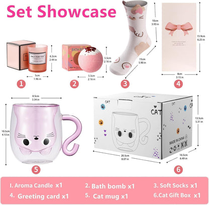 Cat Mug Gifts Set, Birthday Gifts for Women Her Mom, Christmas Presents for Women, Valentines Mothers Day Cat Lovers Presents Idea for Sister Wife Grandma Female Teacher Friend Coworker (Pink)