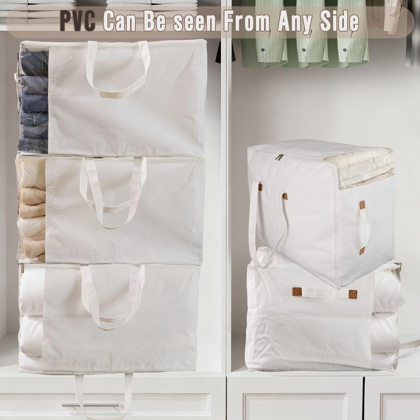 Heavy Duty Cotton Canvas Storage Bags For Comforter Blankets Clothes Extra Large Foldable Organizer with Clear Window & Reinforced Handles, Dustproof Design (White, 80L-3Pack)