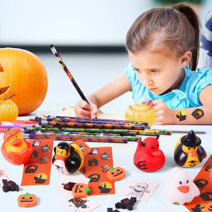 NEWBEA 156-Piece Party Favors Assortment | 72 Glitter Tattoos | 48 Erasers | 12 Ducks | 12 Sticker Sheets | 12 Pencils - Halloween Themed