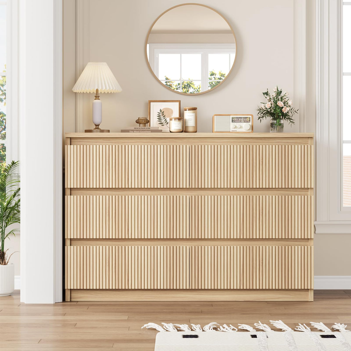 Jocoevol 6 Drawer Fluted Dresser, Modern Chest of Drawers for Bedroom with Hidden Handles, Wood Storage Organizer Cabinet for Living Room & Entryway, Natural Oak (15.7" D x 47.3" W x 31.6" H)
