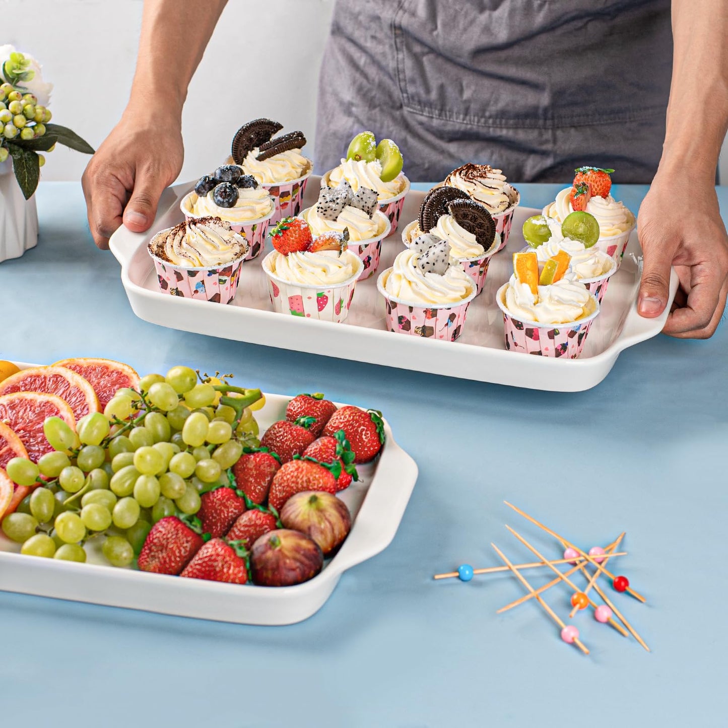 Dizada Large Serving Platter with Handles 16"x9" - White Porcelain Serving Trays Set of 3, Rectangular Platters for Entertaining, Party, Appetizer, Charcuterie