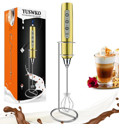 YUSWKO Black Handheld Milk Frother Wand for Coffee, Rechargeable Electric Whisk with 3 Heads 3 Speeds Drink Mixer Coffee Frother For Latte, Cappuccino, Hot Chocolate, Egg