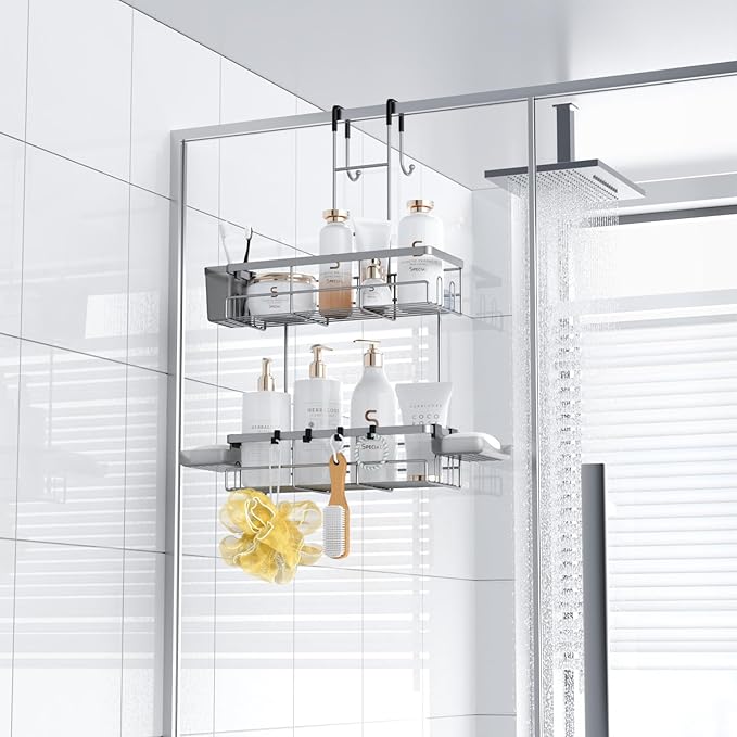 Hanging Shower Caddy Over Door: Silver Rustproof Shower Organizer over the Door