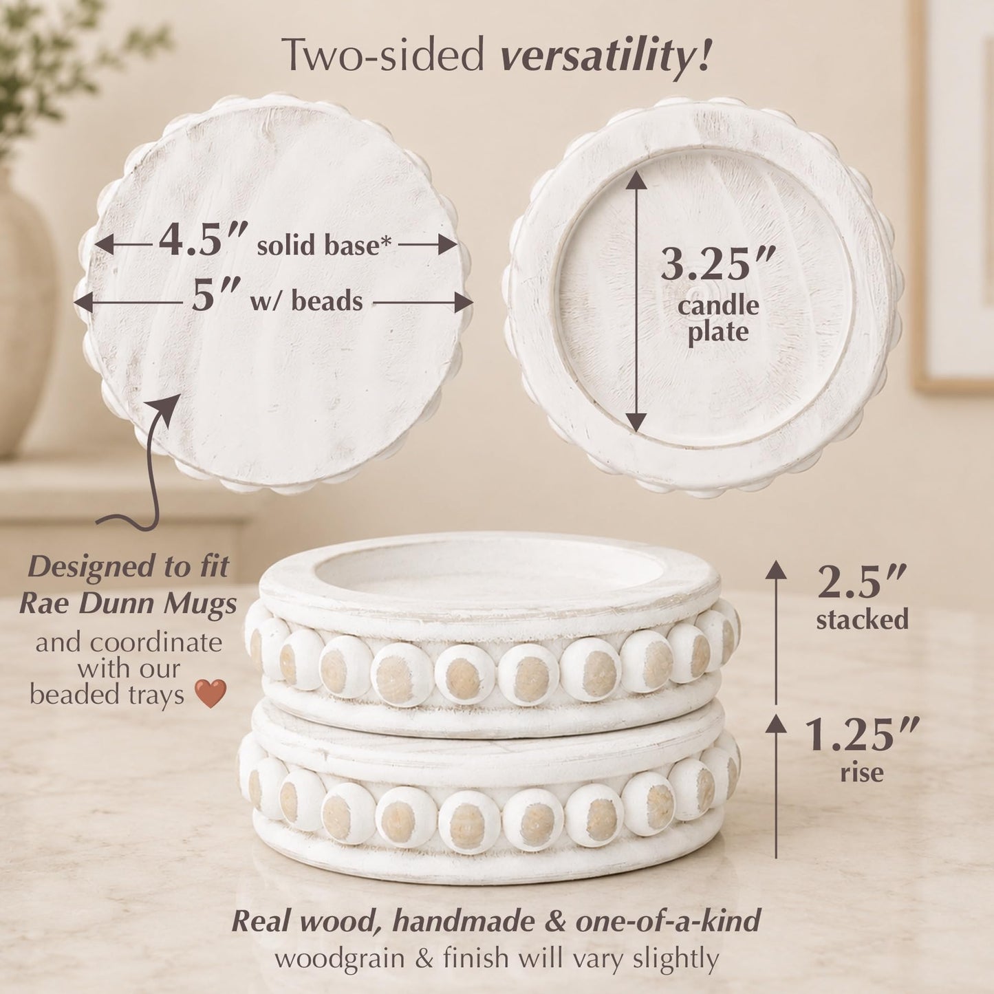 Felt Creative Home Goods Set of 2 Round Rustic Wood Beaded Risers - Sturdy 2-Sided Stackable Decor Pedestal Stands for Tiered Tray, Candle, Mug Display (Rustic White, 5 inch)
