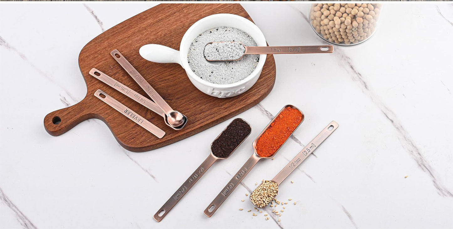 Nstezrne Copper Measuring Cups and Spoons Set, Stainless Steel Measuring Cups and Spoons Set 12, Metal Measuring Cups Set, 5 Measuring Cup Set and 6 Copper Measuring Spoons &Leveler for Kitchen