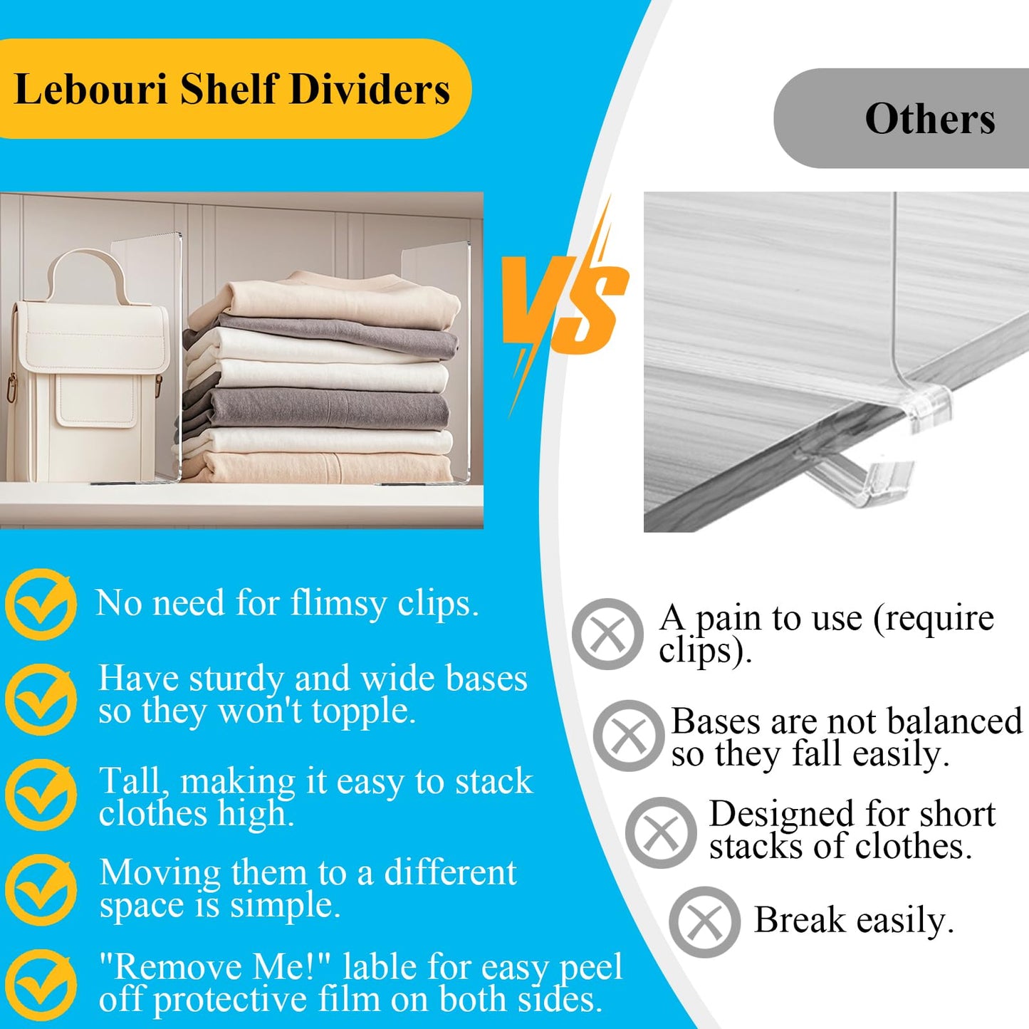 Lebouri Shelf Dividers for Closet Organization: 12" Tall x 10" Deep Acrylic Closet Shelf Dividers for Clothes Sweater Purse - Clear Organizers and Storage Separators for Home Space Saver Enthusiasts
