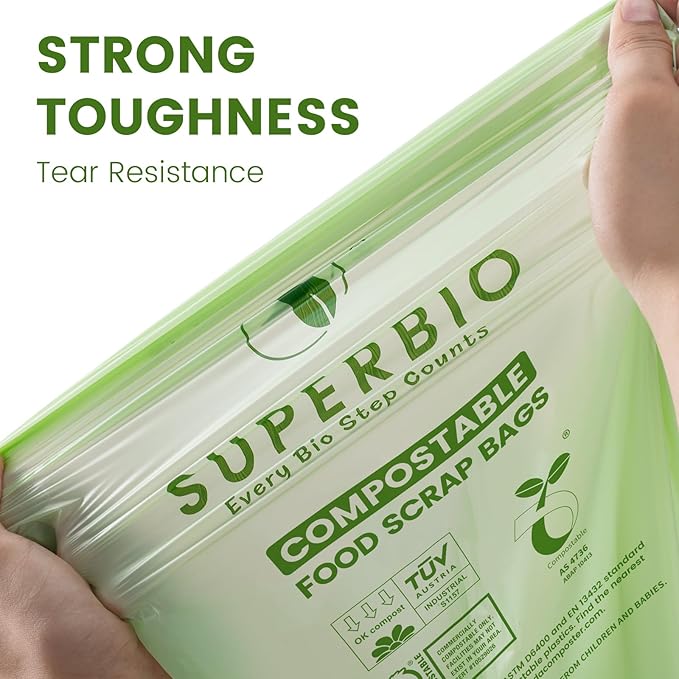 SUPERBIO 2.6 Gallon Compostable Bags, 2 Pack, Handle Tie Food Waste Bags