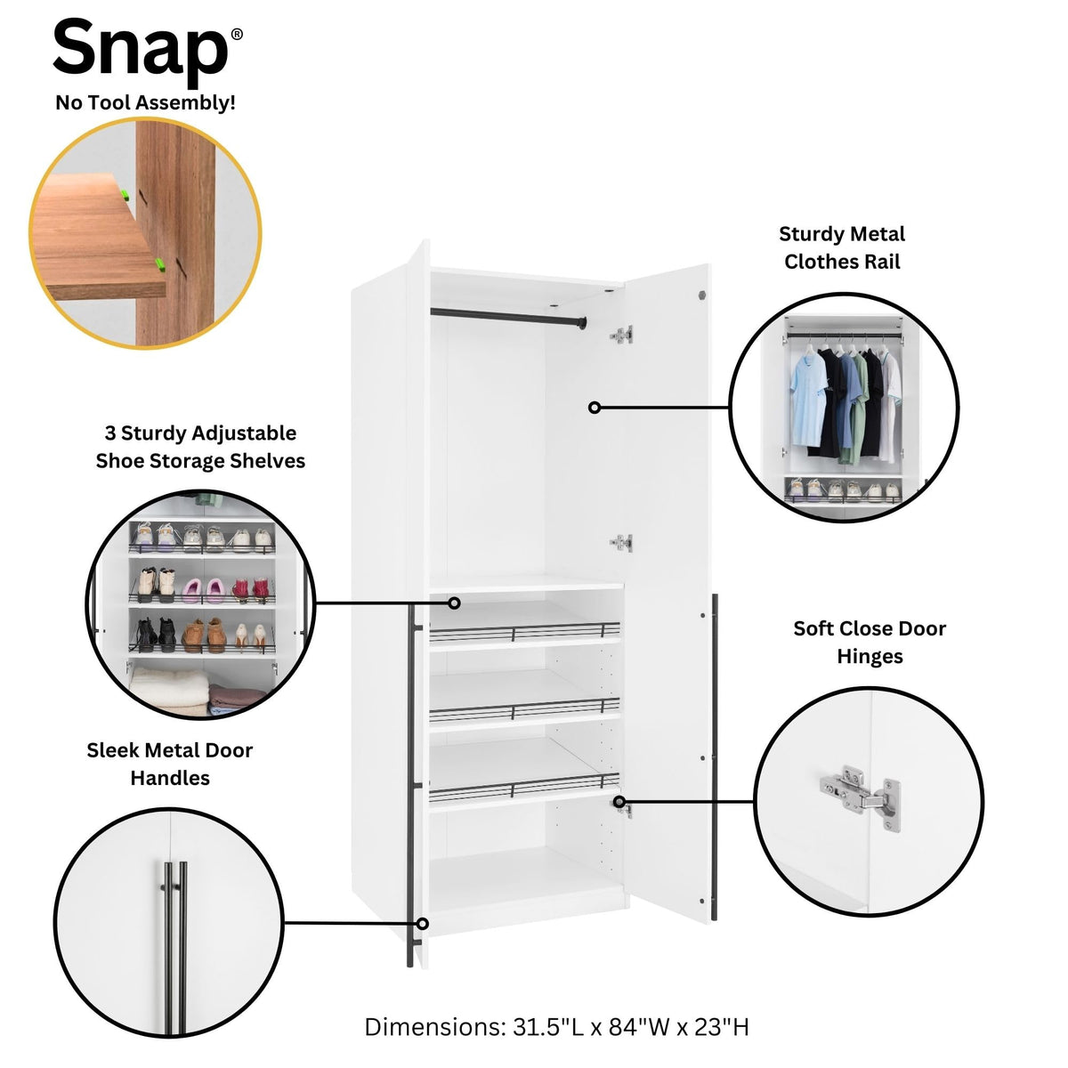Manhattan Comfort Lee Freestanding Closet | Space-Saving Storage Cabinet with 4 Shelves, 1 Hanging Rod, 2 Drawers, 3 Shoe Shelves & 1 Large Storage Area | No Tool Assembly, 2 Piece Set, White