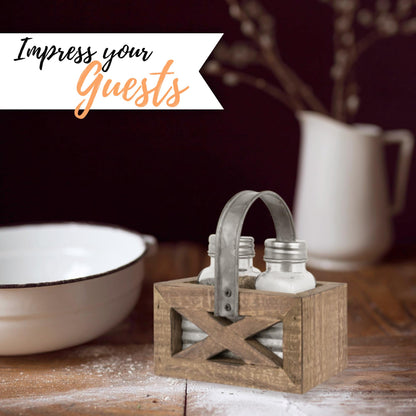 Autumn Alley Barn Door Rustic Salt and Pepper Shakers Set in Wood and Galvanized Caddy, Farmhouse Salt and Pepper Shakers For Rustic Kitchen Decor, Rustic Kitchen Accessories for your Country Kitchen