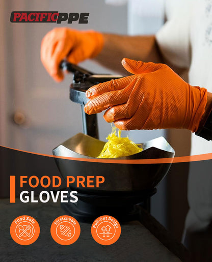 PACIFIC 8-mil Orange Nitrile Disposable Gloves, Heavy-Duty, Industrial, Mechanic, Diamond Textured, Latex & Powder Free, EN 374, Medium