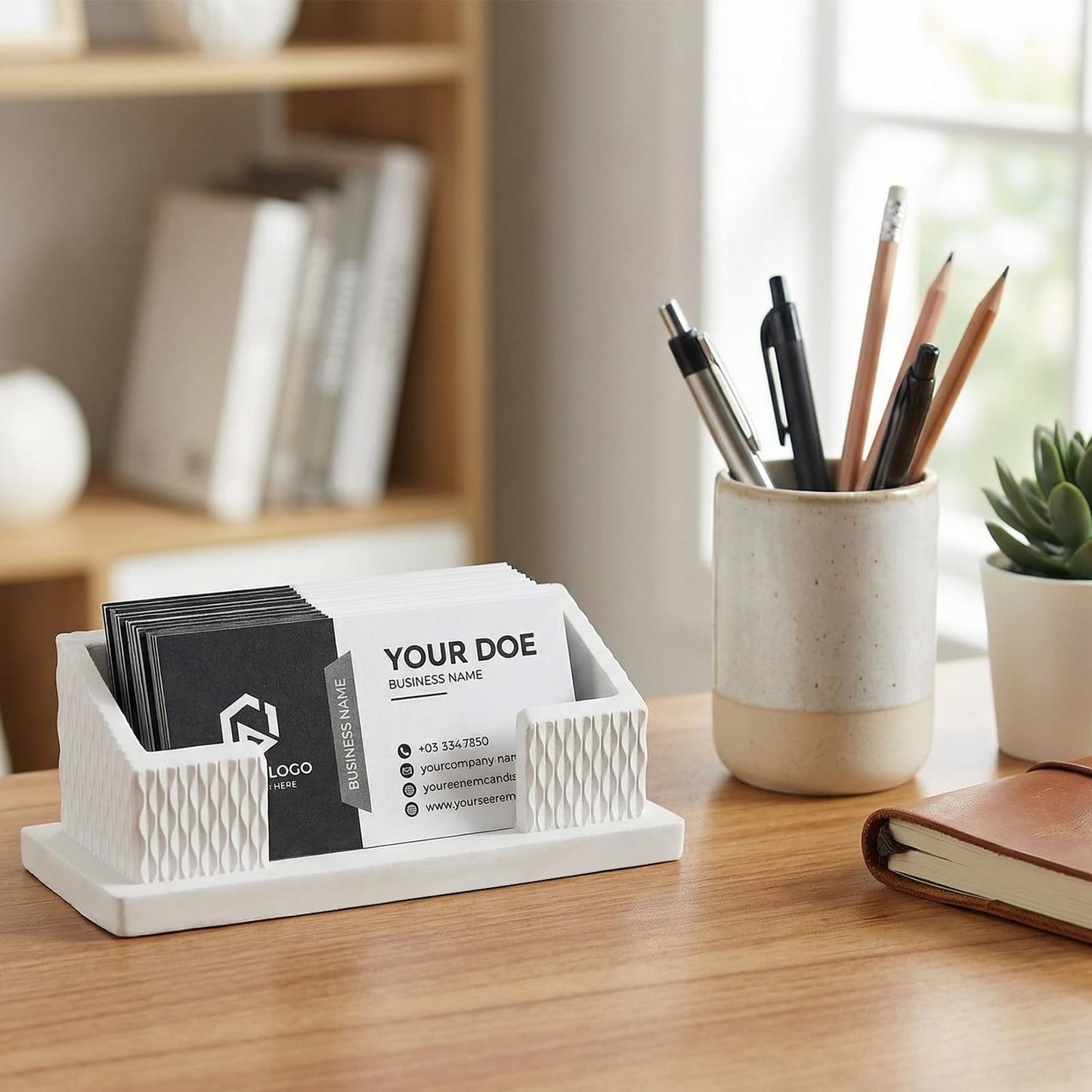 LemonRoad 2 Pcs Modern Concrete Business Card Holders for Desk Aesthetic Fluted Minimalist Concrete Business Card Display Stand Postcard Holder Organizers for Office Table Decor Desktop (White)