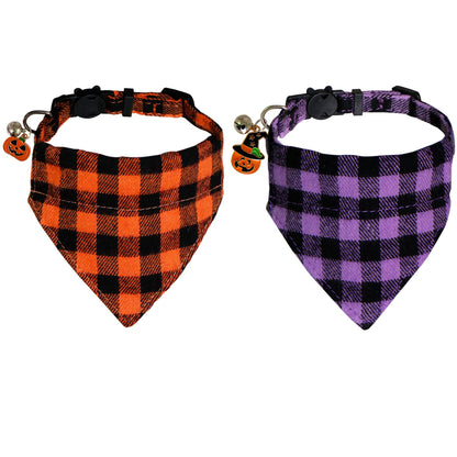 STMK 2 Pack Halloween Cat Bandana Collar with Bell, Breakaway Halloween Cat Kitten Bandana Collar with Bell Pumpkin for Halloween Cats Kittens Costume Decorations, Orange and Purple