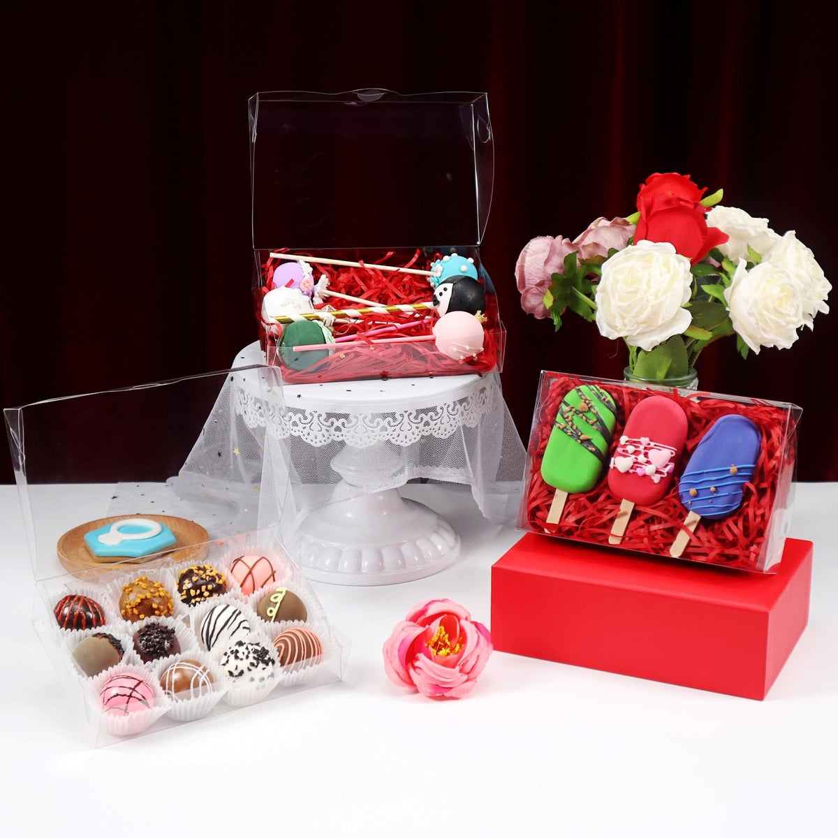 SLShePack 24PCS Clear Plastic Cookie Boxes 7x4.3x1.5 Inch with Window for Chocolate, Truffle, Oreo, Pastry, Bakery, Donut, Brownie, Soap, Party Favors, Wedding, Christmas, Valentine's