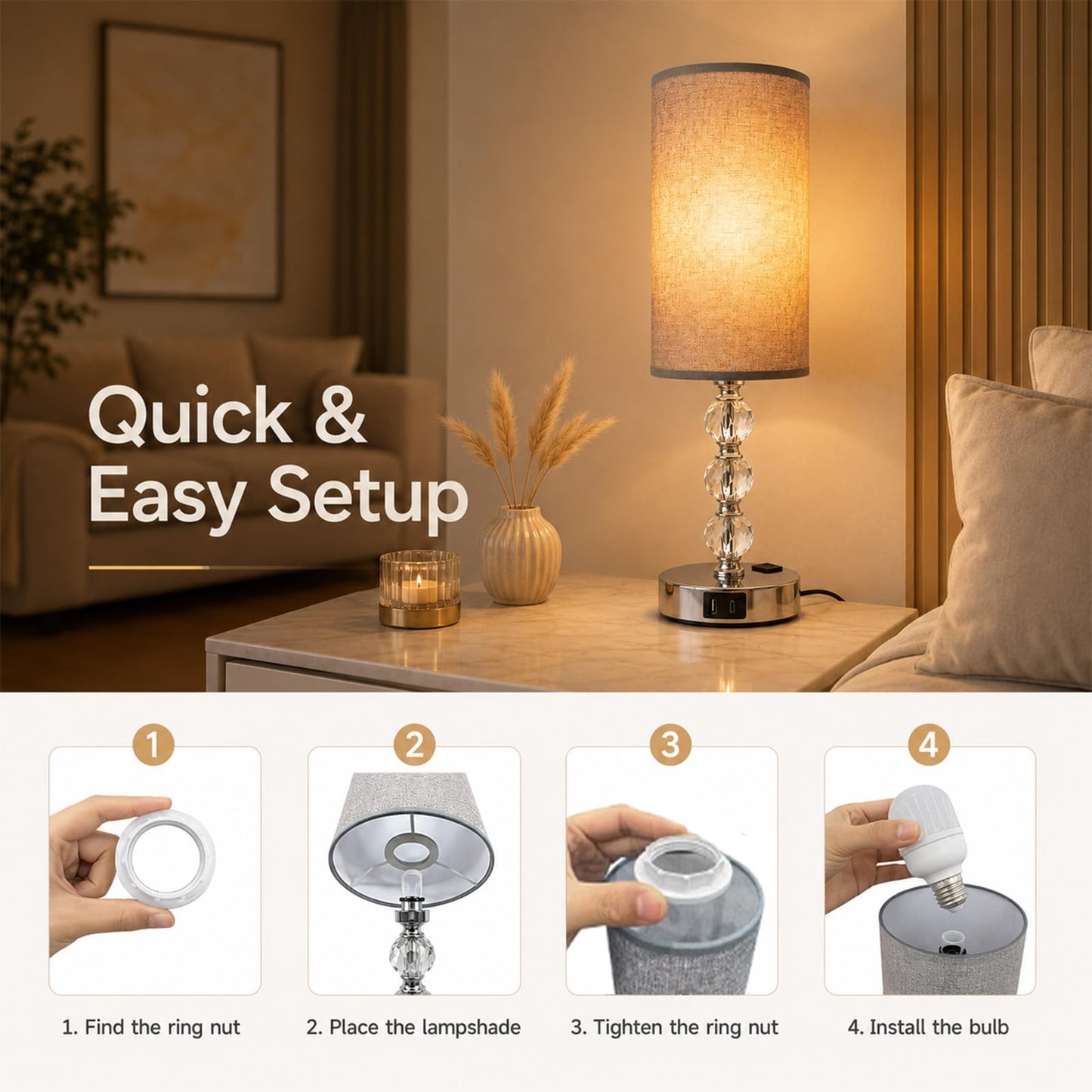 Wiomonrew Crystal Table Lamp 14.6", 3-Way Dimmable with Touch Control, USB Charging Ports & AC Outlet, Bulb Included, – 3000K Warm White for Bedroom Living Room