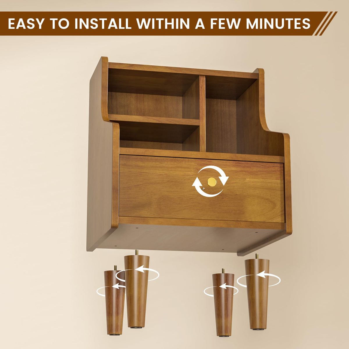 Solid Wood Nightstand, Walnut Bookshelf Nightstand with Open Storage Shelves, Mid Century Modern Night Stand with Drawer, Bedside Table for Bedroom