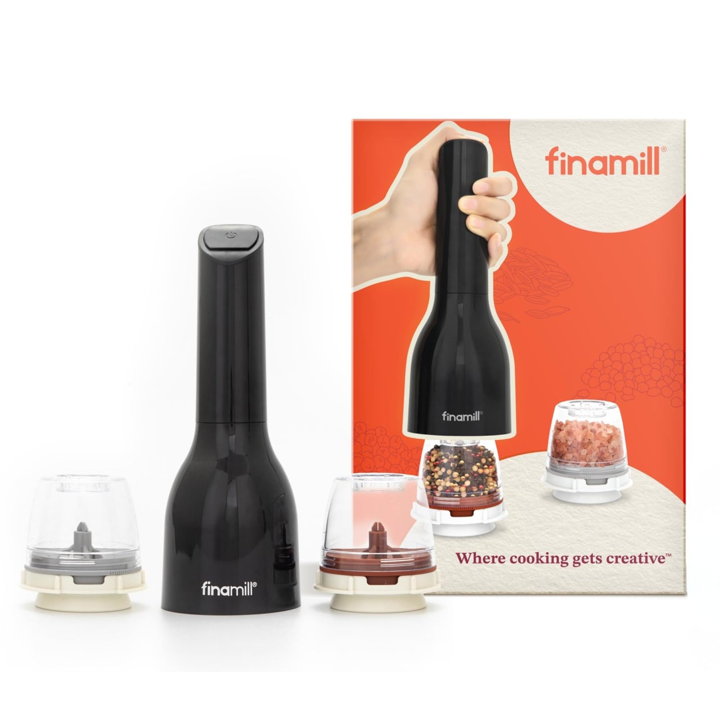 FinaMill Classic Battery Spice Mill – Battery Operated Salt and Pepper Grinder Set, Includes 2 Interchangeable Spice Pods, Adjustable Coarseness, LED Light, Home and Kitchen Gift Set for Father's Day