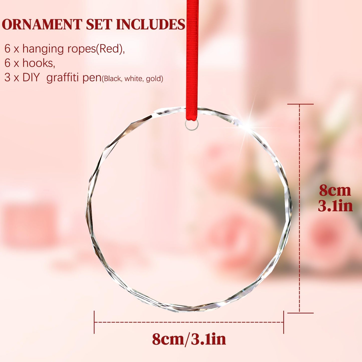 kanpura 6 Pcs Personalized Glass Ornaments Set 3 Inch Clear Round Glass Ornament Blank with Red Ribbon for DIY Crafting Holiday Decor (Includes Black, White, and Gold Markers)