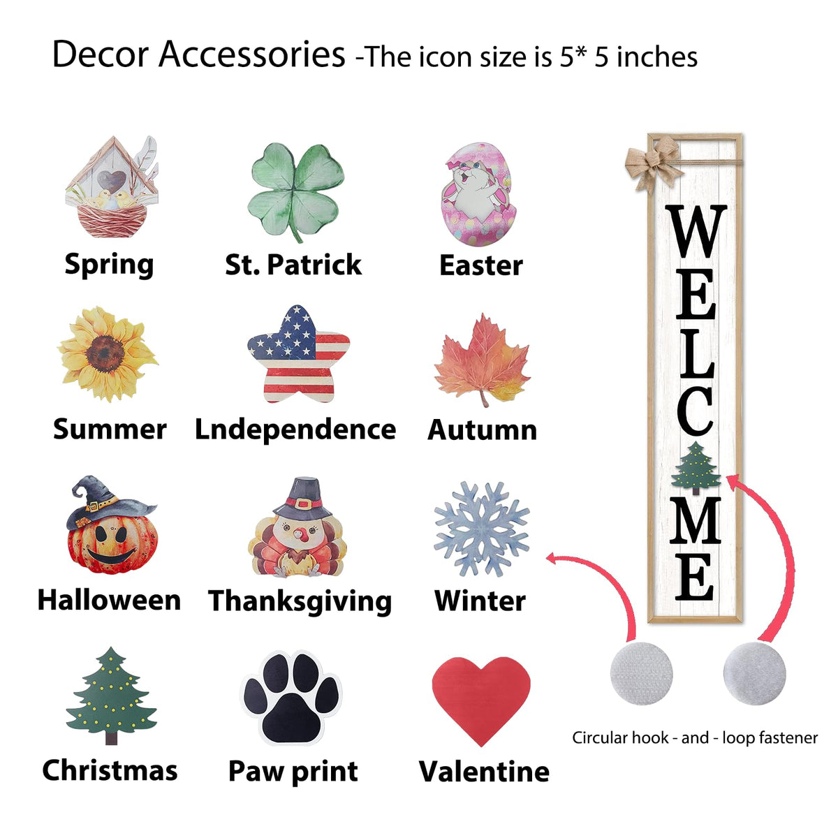 SRSZHIYUE Interchangeable Welcome Sign for Front Door Standing, 45"X9" with 12 Pcs Replaceable Icons Rustic Outdoor Tall Front Porch Farmhouse Outside Wreath Leaner Vertical Decor (Wood)
