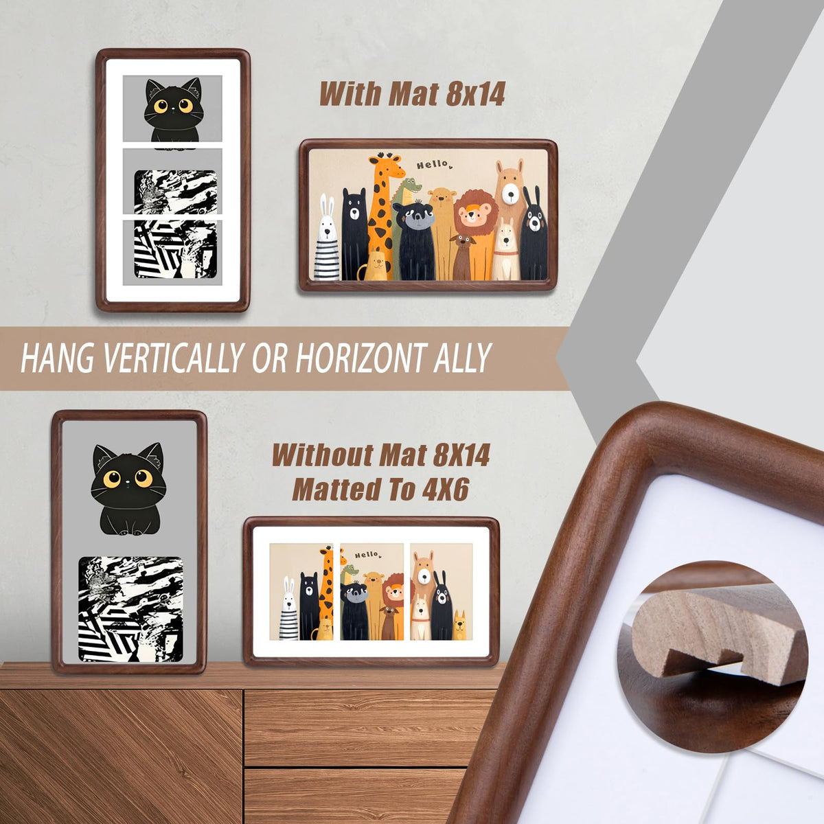 Xzwenru 8x14 Picture Frame Set of 1,Solid Walnut Wood Frame with Real Glass,Rounded Edge Wooden Photo Frame Matted to 8x14 Photo without mat or three 4x6 picture with mat, For TableTop and Wall Decoration.