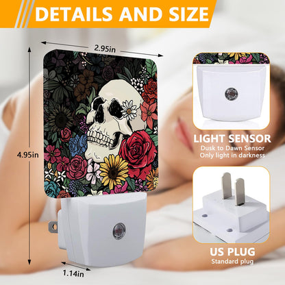 GANTINIR Halloween Skull Night Light, Plug-into Skeleton Flower Floral Nightlight White LED Lamp, Energy Efficient Decor Desk Lamp for Bedroom Hallway Stairs Bathroom