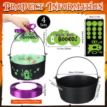 Soulchen 4 Pcs Halloween Boo Bucket Decoration Trick or Treat Gift Basket with 4 Spooky Boo Candy Bucket with Green Spider Silk Cotton Ghost Boos Sticker Card Ribbon for Halloween Party Decoration