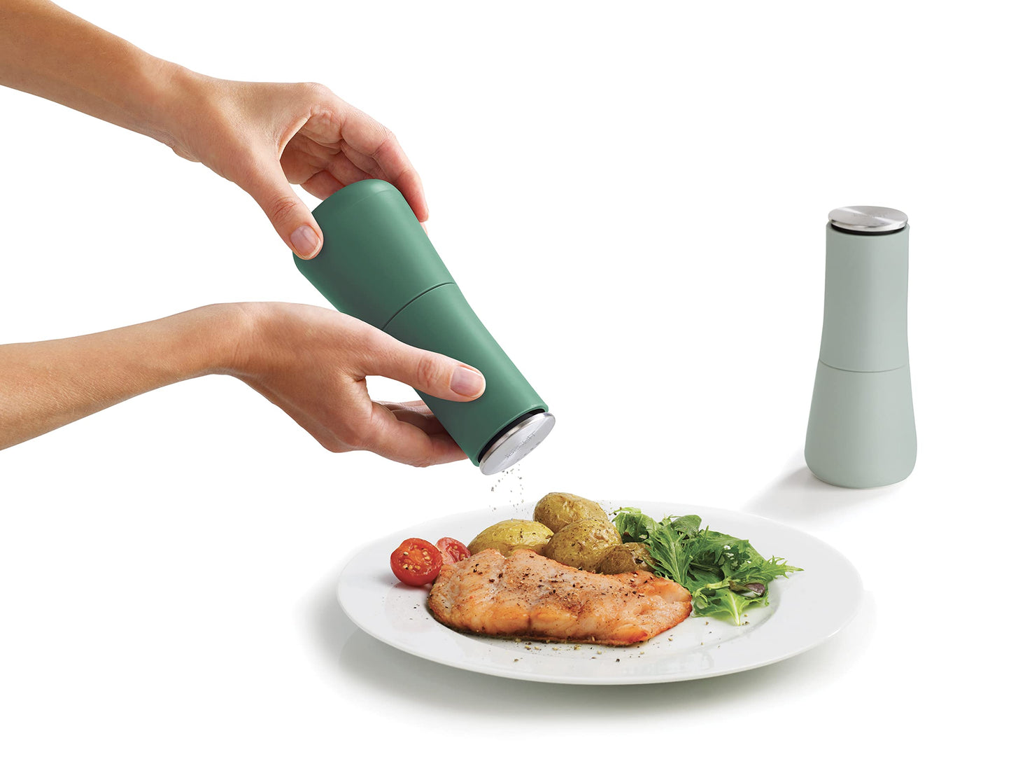 Joseph Joseph Milltop Non-Spill Salt and Pepper Mill Set Refillable with Ceramic Grinding, Sage Green, 8