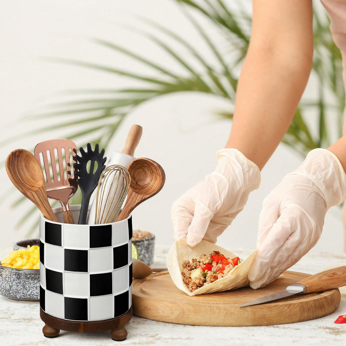 Ferrochef Kitchen Utensil Countertop Holder Checkered Utensil Crock with a Wooden Base 7.5 Inch Organizer Country Style Decorative for Storing Spoons Spatulas and Pot Spatulas