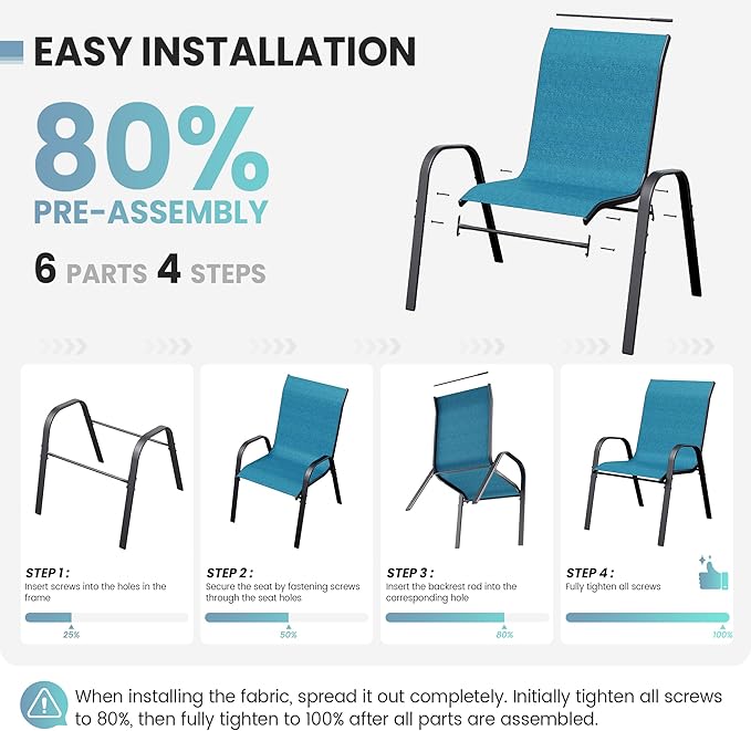 Patio Dining Chairs Set of 4, Stackable Dining Chairs High Back, Breathable Seat Fabric and Alloy Steel Frame Fit Backyard, Porch, Lawn，Poolside (Sky Blue)