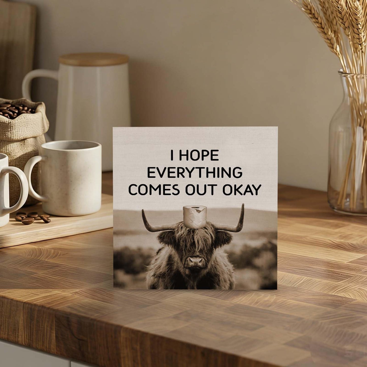 GWOKPAAI Funny Highland Cow Bathroom Wooden Box Signs Desk Decor, Highland Cow Bathroom Decor, I Hope Everything Comes Out Okay Wooden Signs Desk Decorations for Washroom Toilet Shelf Wall, 5x5in