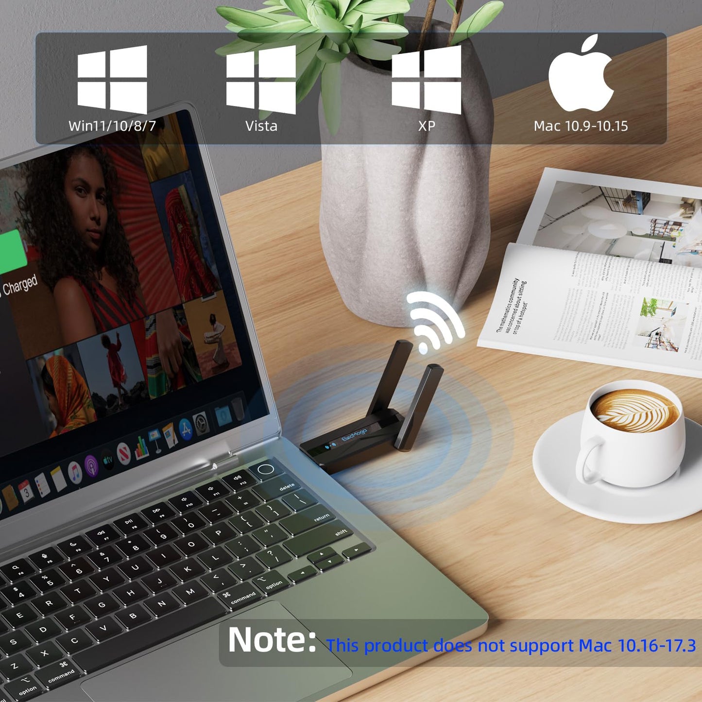 ElecMoga Wifi Dongle, 1300Mbps Wifi Adapter High Gain USB 3.0 5dBi Dual Band 2.4GHz/5GHz USB Wireless for PC/Desktop/Tablet/Laptop, Supports Windows 11/10/8/7/Vista/XP, Mac OS 10.9-10.15