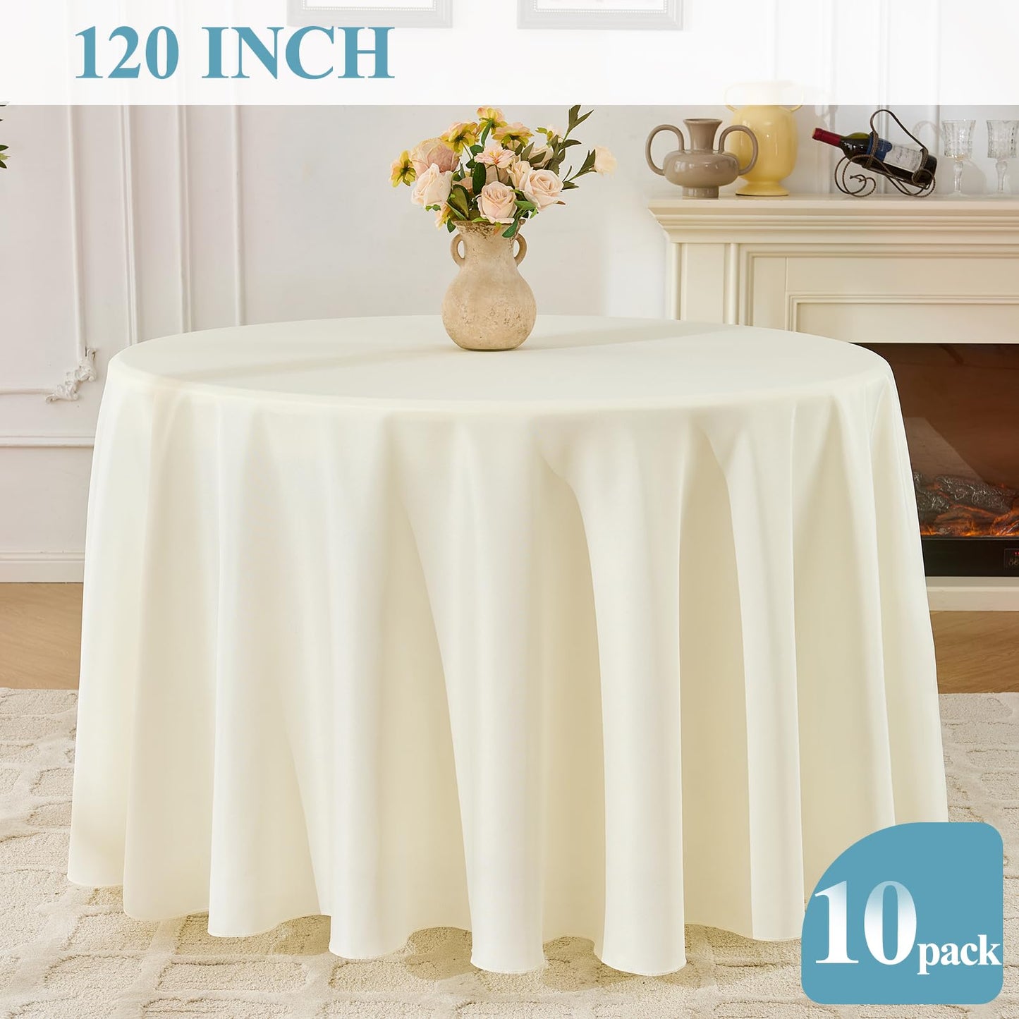 VidaFete Tablecloth 10 Pack 120inch Round Table Cloth Polyester, Stain Wrinkle Resistant Polyester Dining Table Cover for Kitchen Dinning Party Wedding Round Tabletop Buffet Decoration(Ivory)