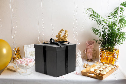 Jaywayang 10" Large Gift Box with Lid and Ribbon, Black Gift Box with Paper Filler for Birthday, Wedding, Valentine's Day, Father's Day, Anniversarry Presents Wrapping.