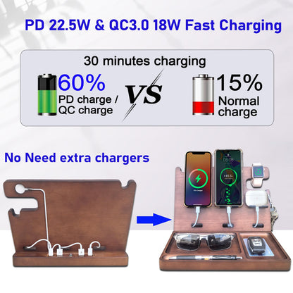 Xunhomon Wood Phone Docking Station Nightstand Organizer Charging Station with QC 3.0 & PD22.5W Fast Charger for iPhone Samsung Android Watch Airpod Anniversary Birthday Gifts for Men