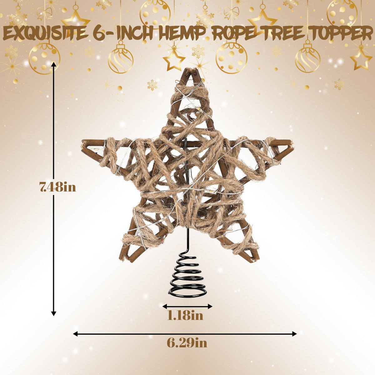 LAWOHO Christmas Tree Topper Retro Woven Star with Lights, Farmhouse Christmas Decor, Mini Rustic 6 Inch Star with 6H Timer, Light Up Christmas Tree Decorations, for Xmas Tree, Holiday, Party