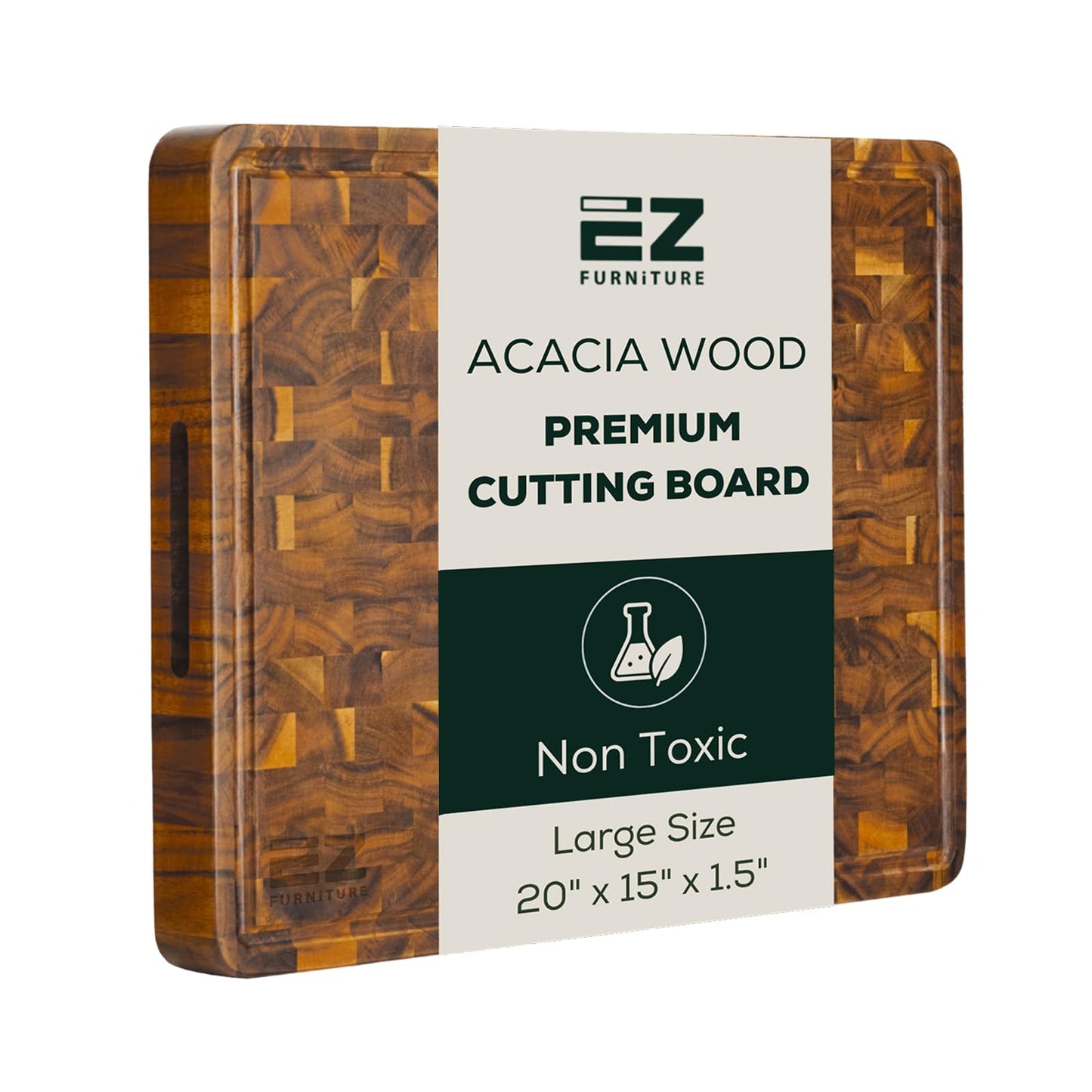 EZ FURNITURE Large (L) Acacia End Grain Cutting Board, Reversible, Knife-Friendly Charcuterie Butcher Block with Juice Groove & Handles, Non-Toxic, Gift Box Included (20" x 15" x 1.5")