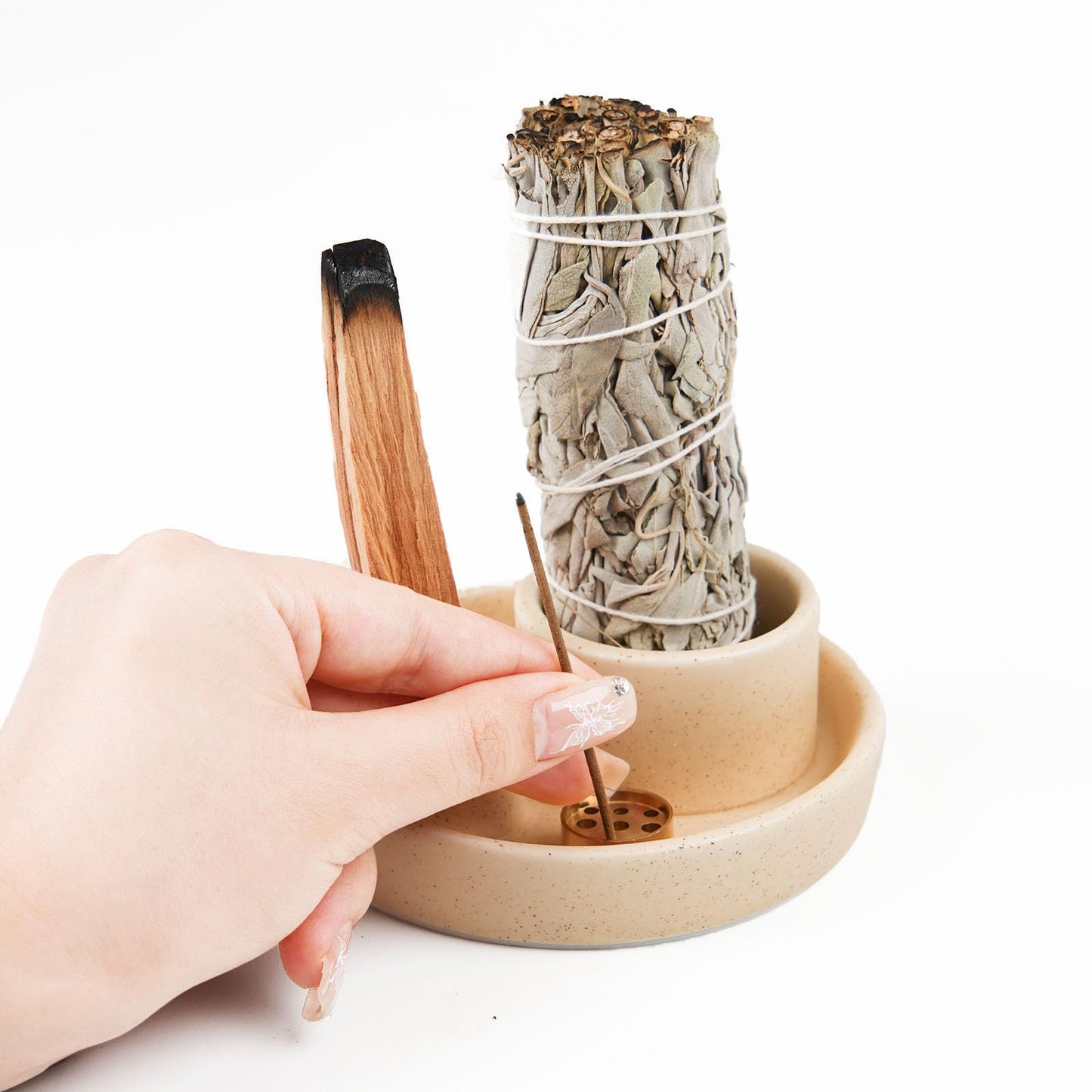 4 in 1 Incense Holder, Ceramic Incense Stick and Palo Santo Holder,Sage Holder for Burning- 4.25" Ceramic Ash Catcher Tray for Meditation and Yoga Room (Sand)