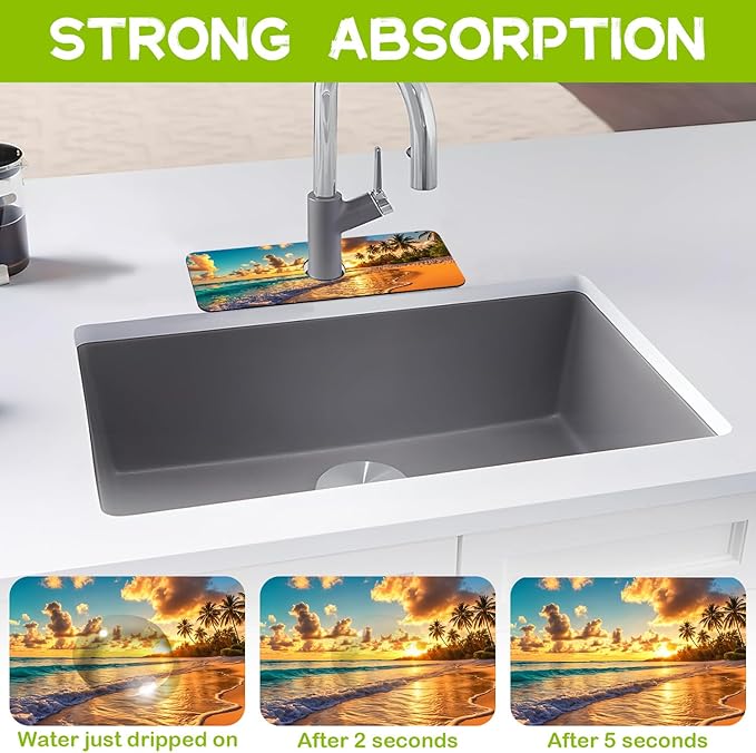 Sunset Beach Waves Palm Trees Kitchen Sink Splash Guard Faucet Mat Super