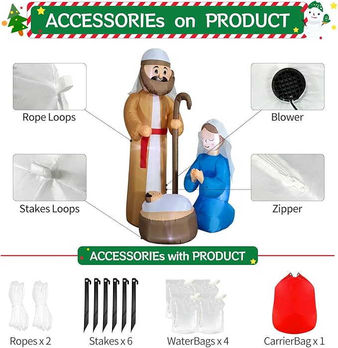 DomKom 6ft Christmas Inflatables Nativity Scene Outdoor Decoration，LED Lights Holiday Blow Up Yard Decoration for Holiday Party Garden Yard Lawn Winter Decor