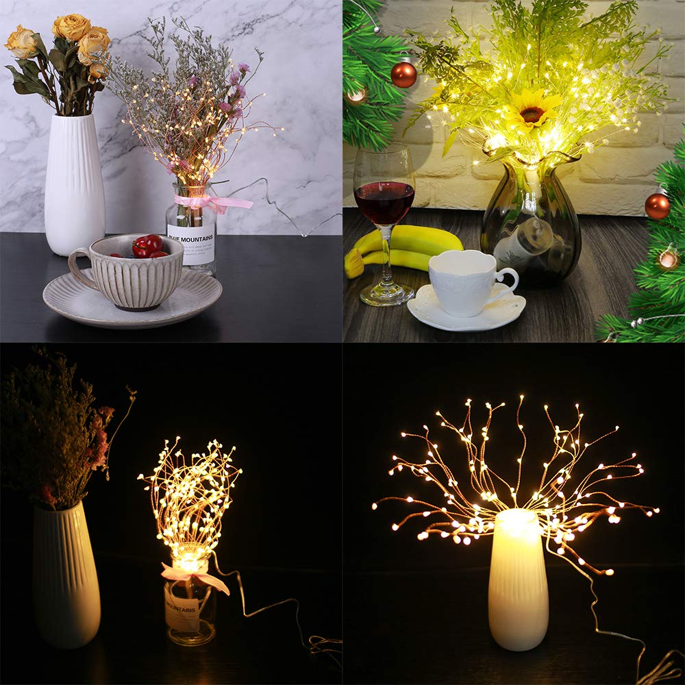 4 Pack 800 LED Starburst Sphere Lights, Battery Operated Firework Light, 8 Modes Dimmable Remote Control Waterproof Hanging Fairy Light, Copper Wire Lights for Patio Parties Christmas (Warm White)