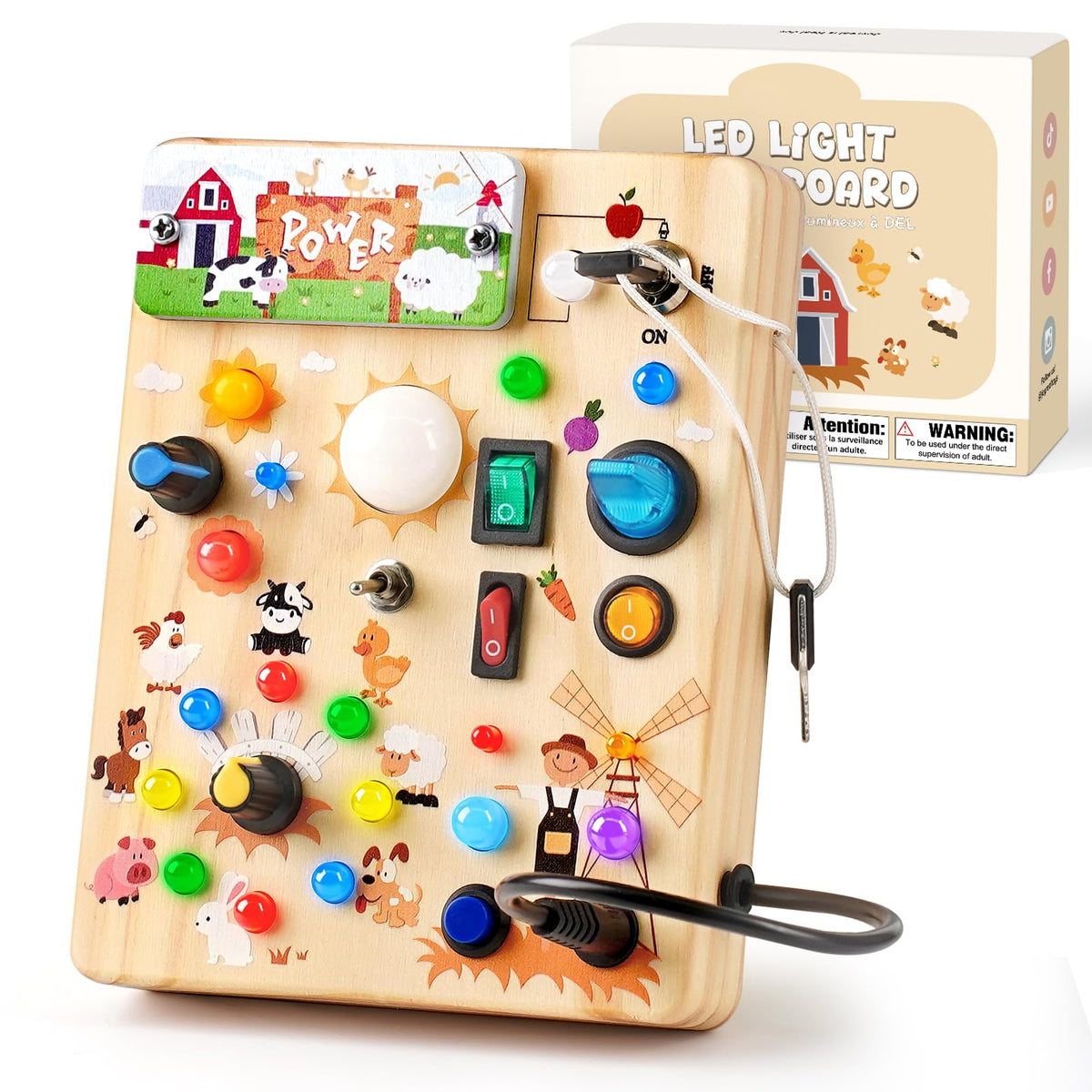 Sanlebi LED Busy Board for Toddlers 1-3,Montessori Toy with Key Switch, Light Up Wood Activity Sensory Board for Fine Motor Skills, Educational Travel Toy Gift for 1 2 3 Year Old Boys Girl