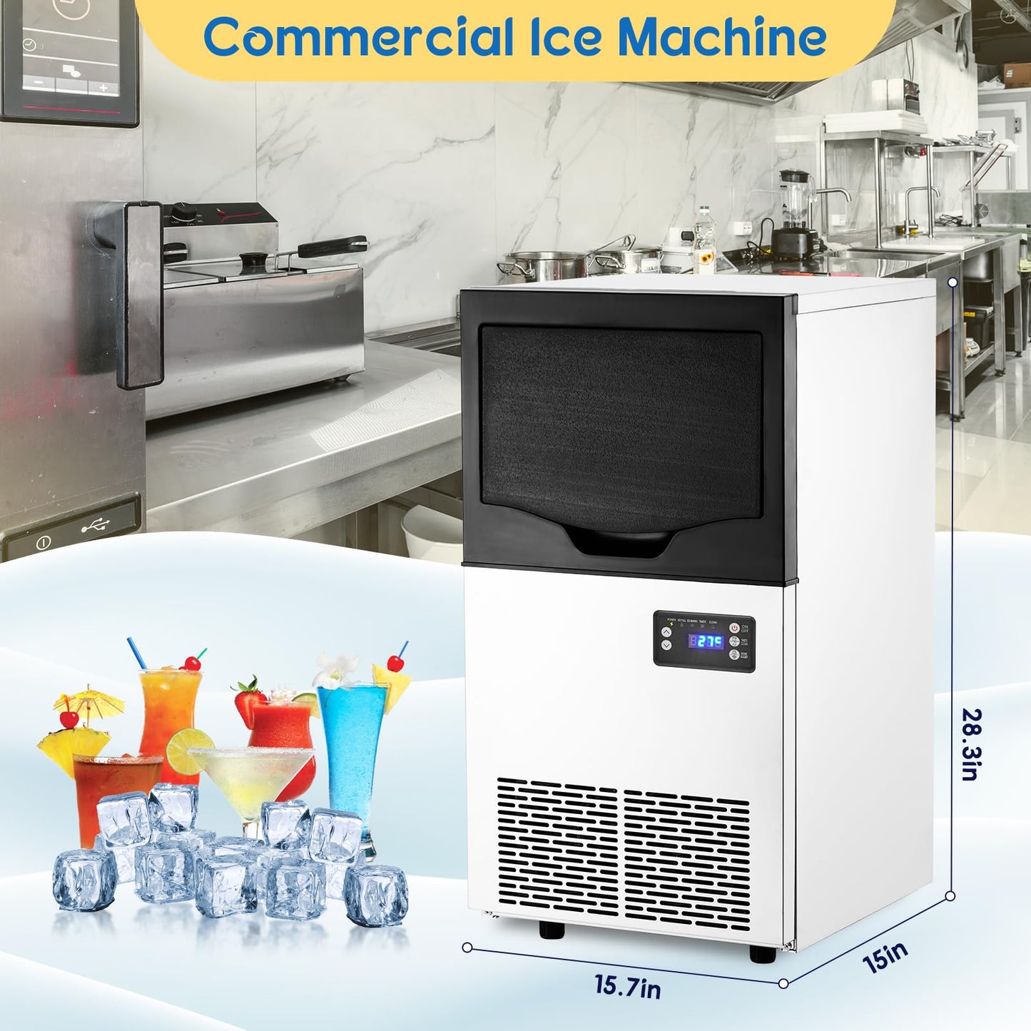 Commercial Ice Maker Machine 77LBS/24H, Stainless Steel Under Counter Ice Machine with 22LBS Ice Storage Capacity, Auto-Cleaning, 5x8 Ice Grid for Bar Restaurant Cafe Office Home, 110V 195W