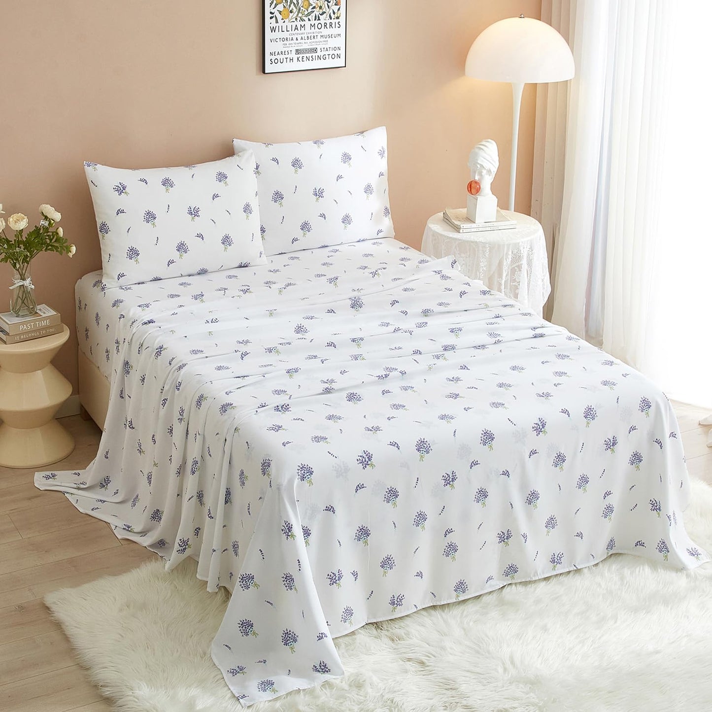 AMWAN Floral California King Size Sheets Set White 4 Piece，Extra Deep Pocket Sheets - Soft Flat Sheet - Cooling Bed Sheets Purple Floral Super Soft with Fitted Sheet,2 Pillowcases Set