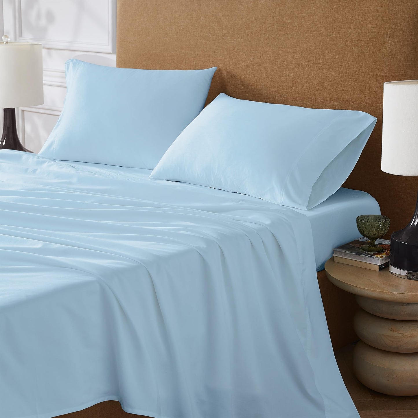 Supreme Elegance 800 Thread Count King Size Sheets Set (4 Piece) - Sky Blue - Smooth Cotton Rich Sateen Bed Sheets - Super Soft, Wrinkle Resistant, Durable Hotel Bedding - 16" Deep Pocket Fitted Sheet