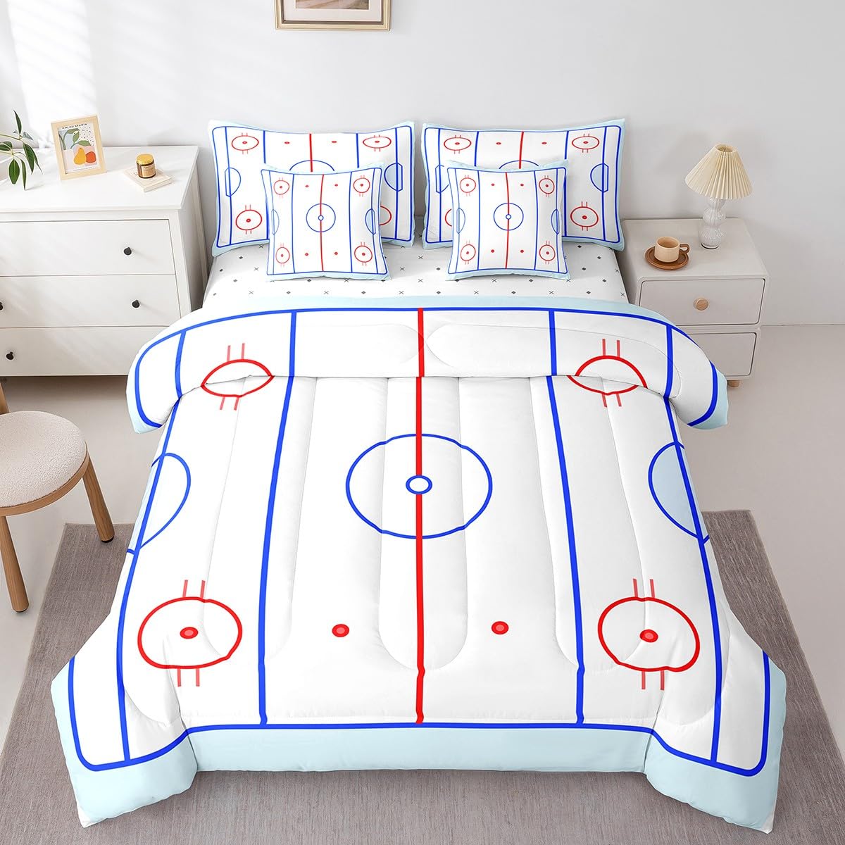 Erosebridal Ice Hockey Bedding Set Twin 7 Piece Winter Sports Game Comforter Sets Puck Design Bed in A Bag with Sheets Soft Breathable Microfiber Bed Set for Kids Boys Teens Child Room