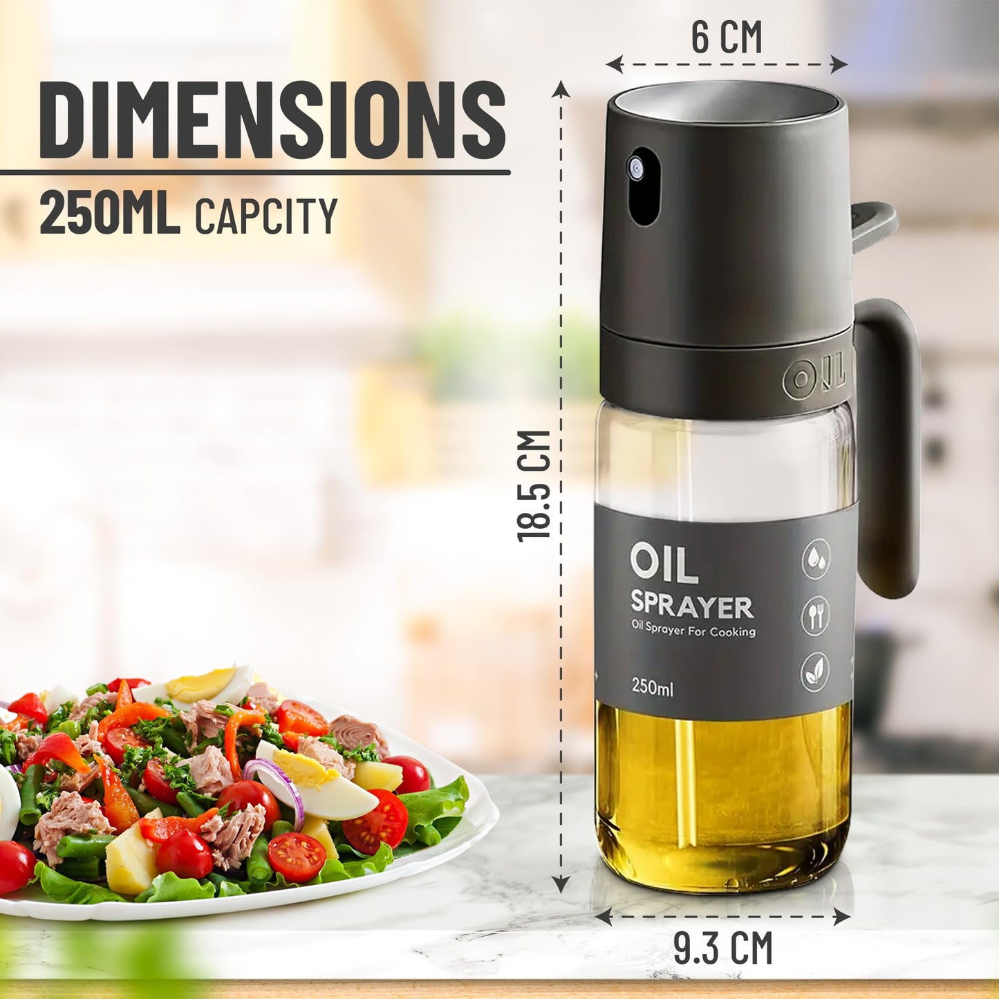 Oil Sprayer Kitchen Gadget for Cooking High Borosilicate Glass Oil Sprayer Mister, 250ml Olive Oil Spray Bottle for AirFryer, Salad, BBQ, Kitchen Baking, Roasting, Dark Gray
